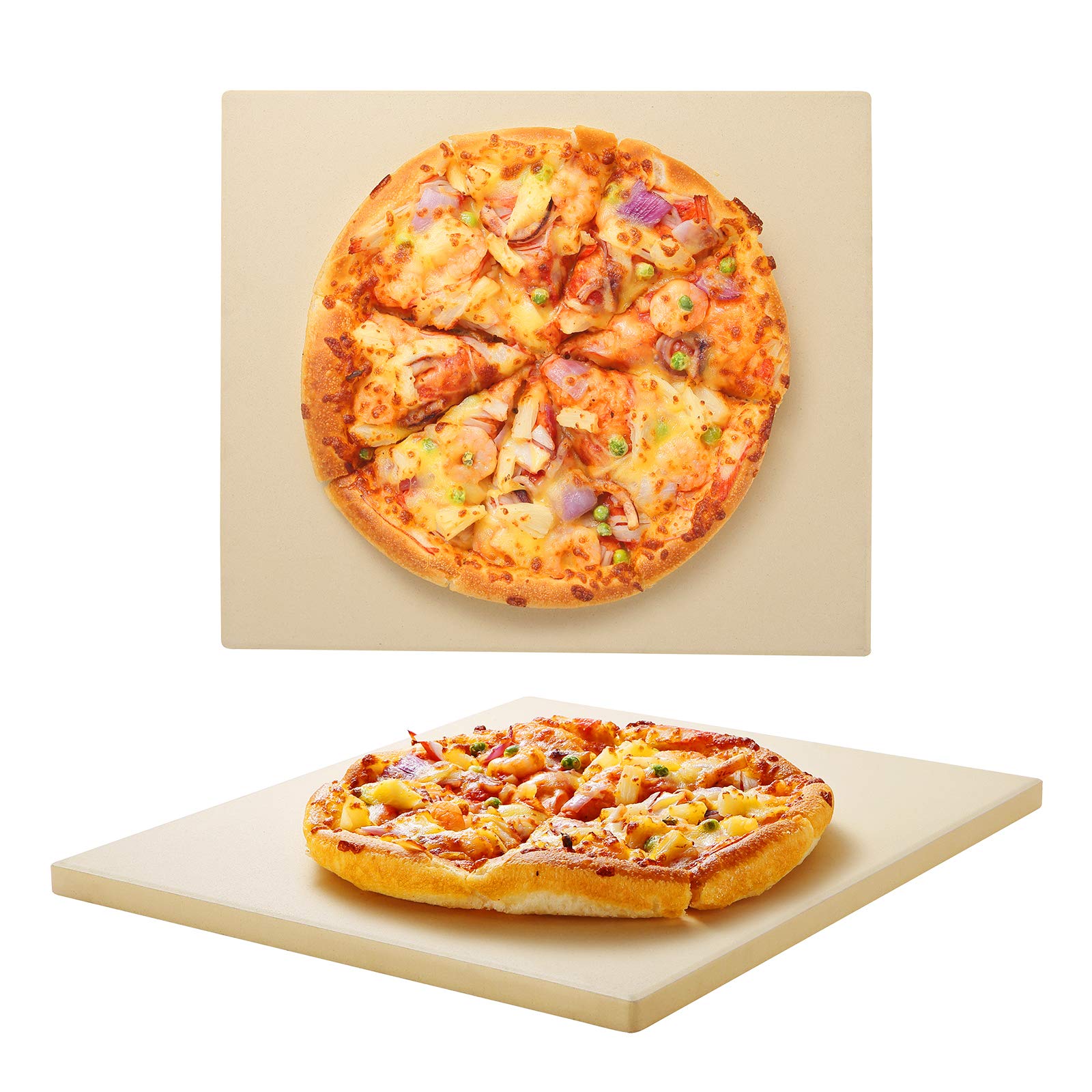 Unicook pizza stone front view showing square baking surface and even heat benefits