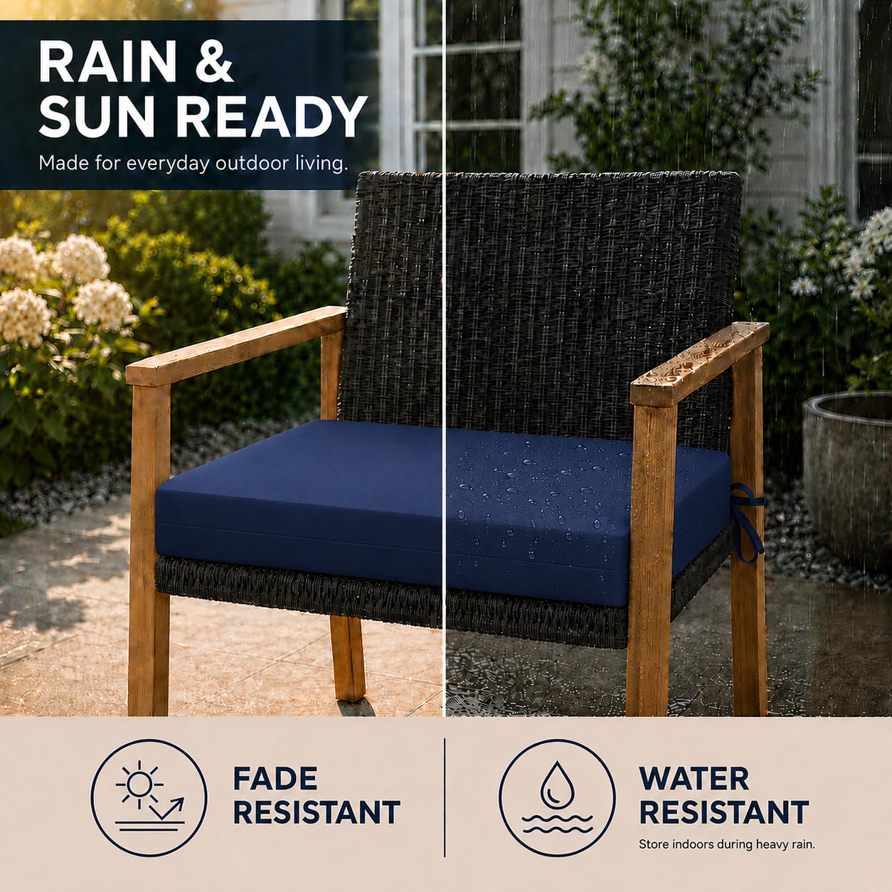 UNIKOME single cushion tied to patio chair demonstrating anti-slip stability for guests