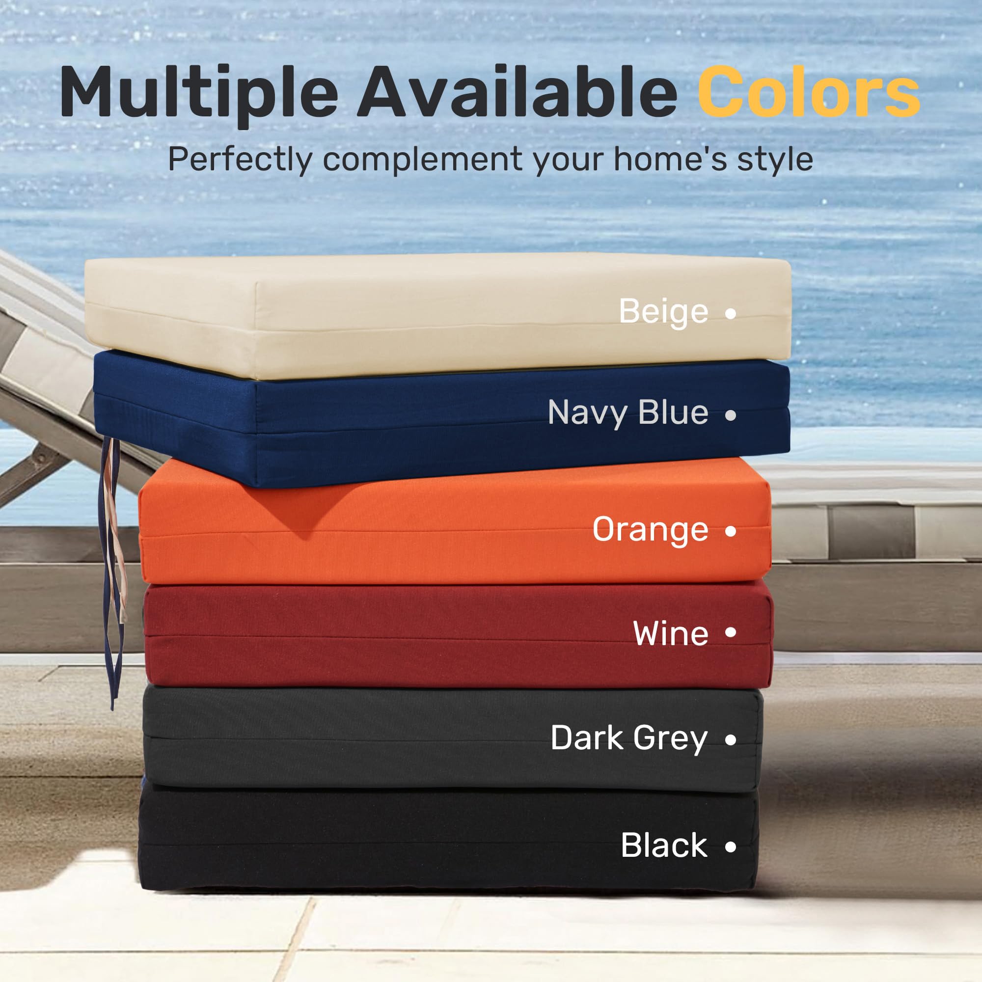 UNIKOME cushions styled on a patio table setting conveying coordinated outdoor comfort