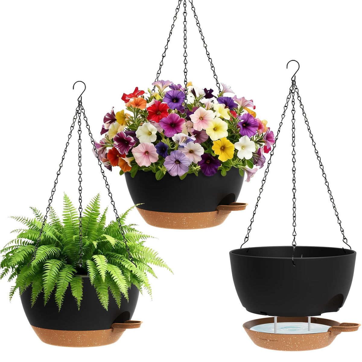 UOUZ front view of three hanging planters showing modern black and brown finish and space-saving benefit