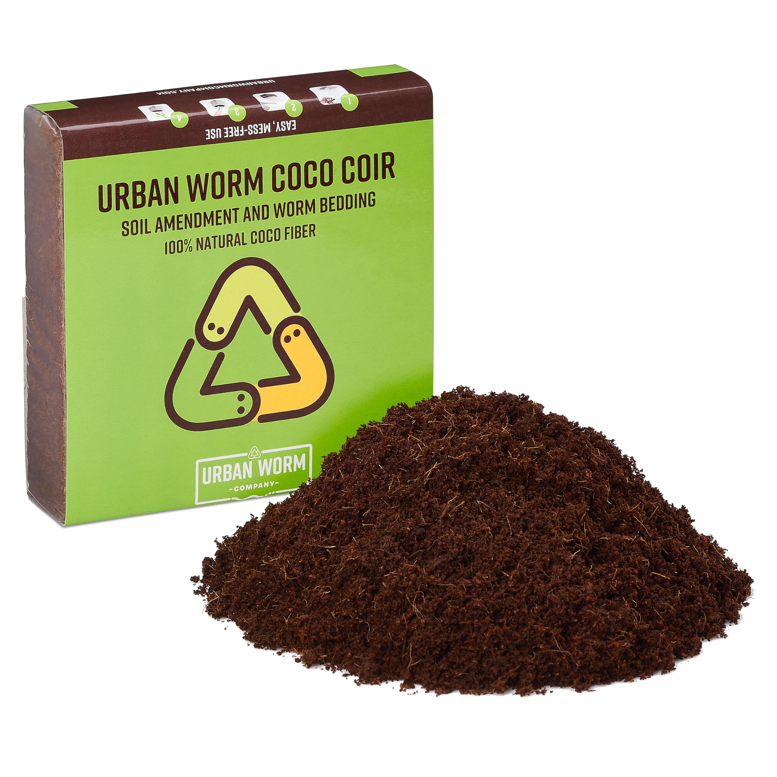 Urban Worm front packaging showing the 1.4 lb coco coir brick and benefits