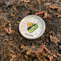 Urban Worm thermometer inserted in worm bin showing fast temperature check