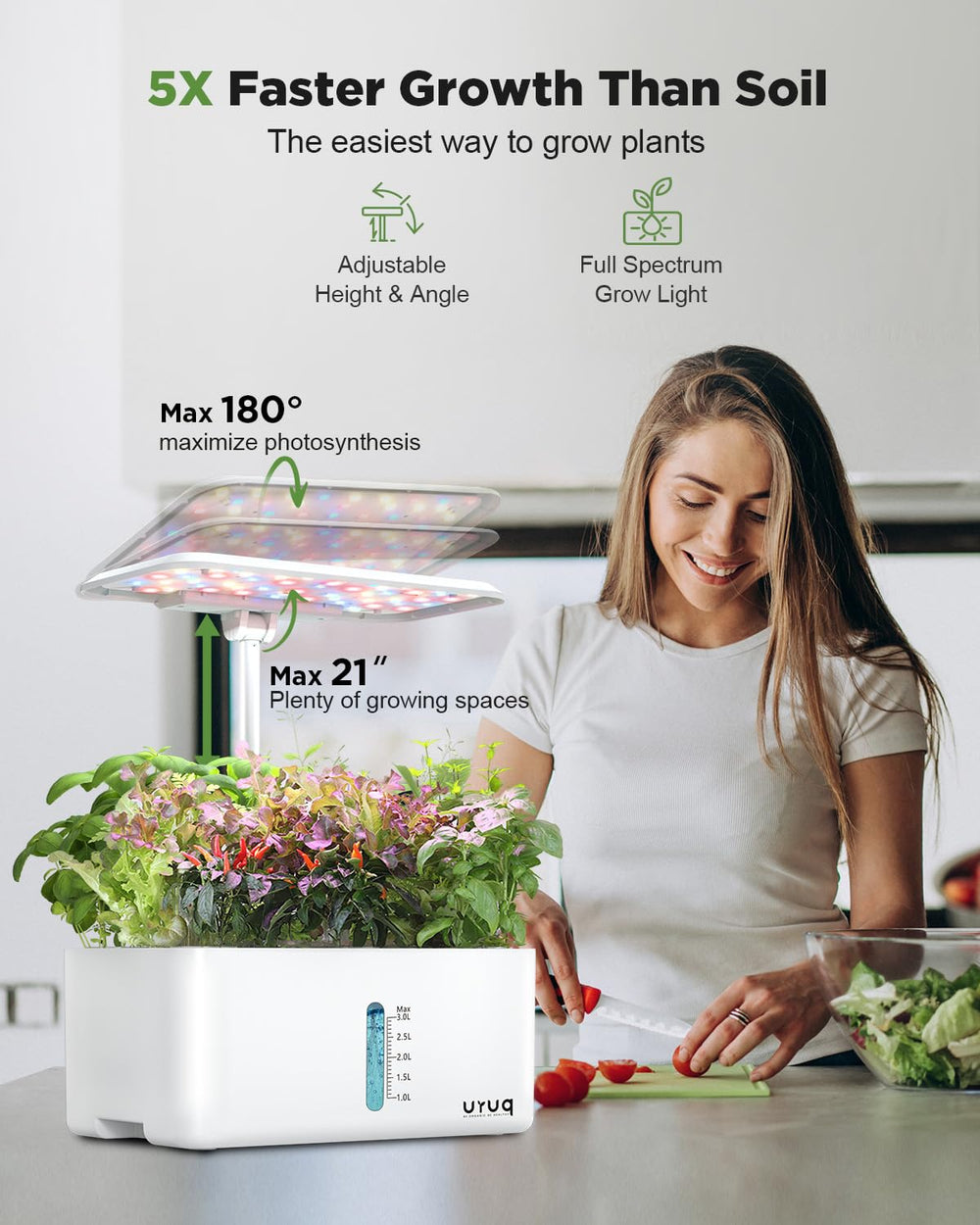URUQ close-up of LED panel highlighting adjustable height and balanced plant spectrum