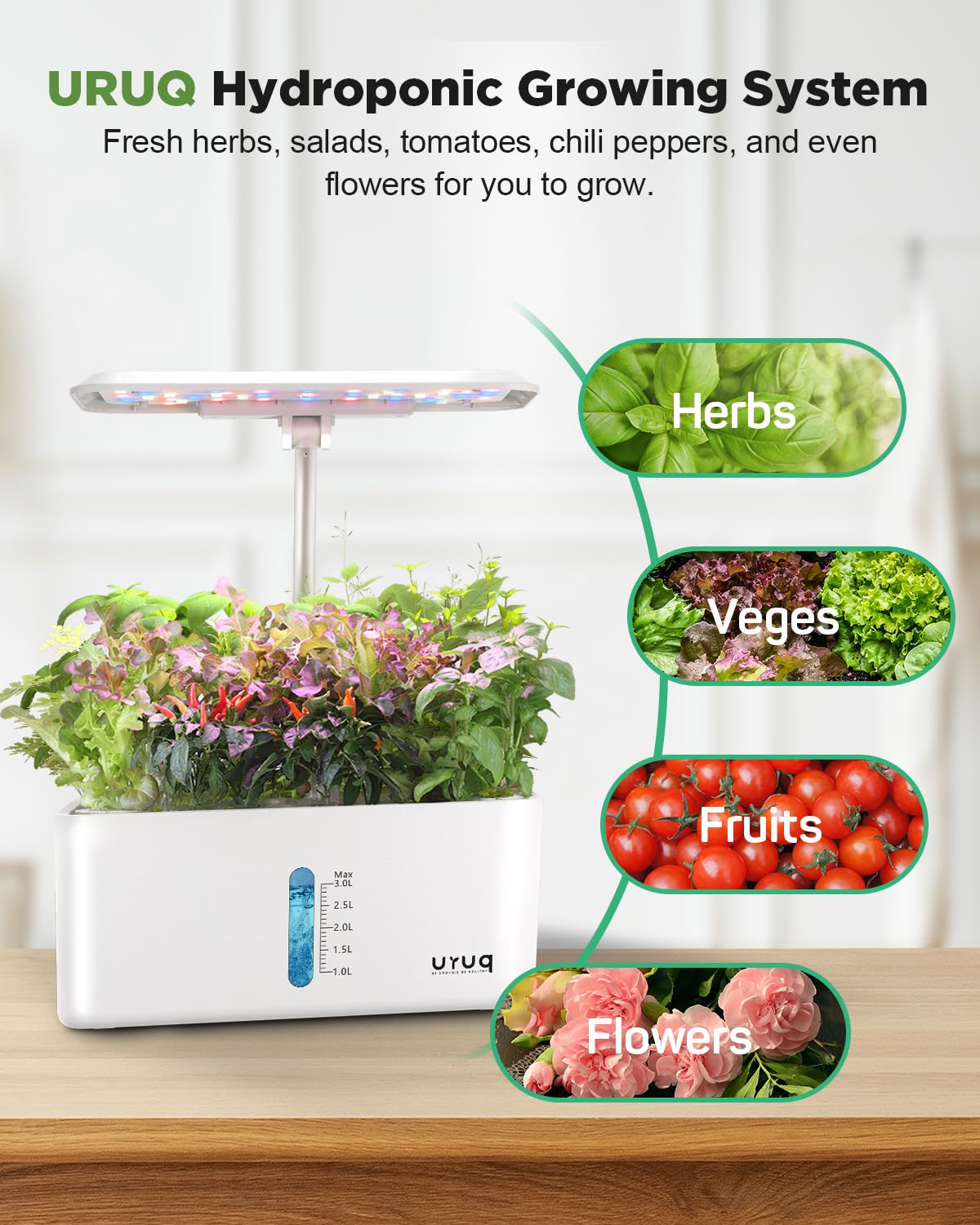 URUQ lifestyle in kitchen showing unit growing herbs for fresh cooking and countertop convenience