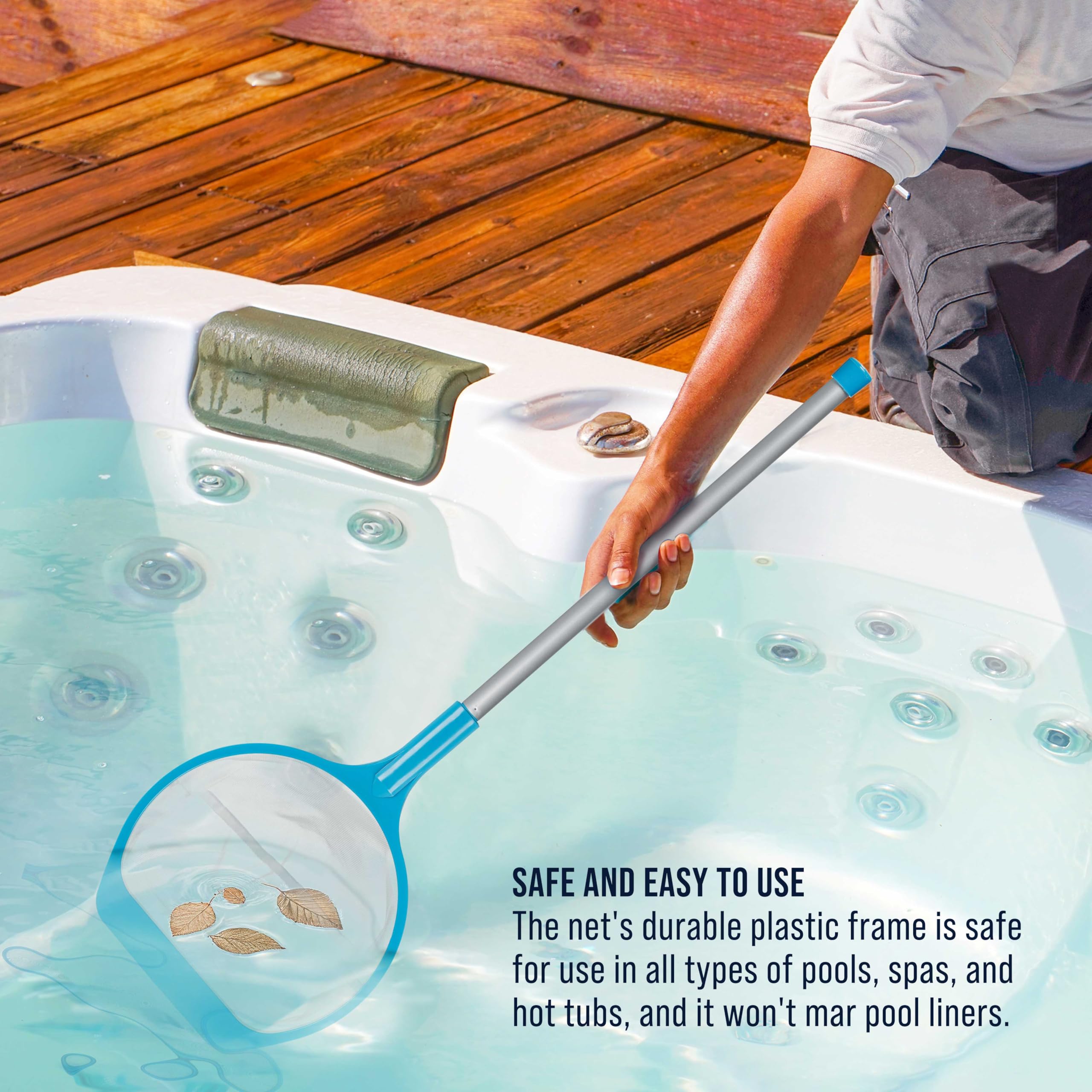 U.S. Pool Supply net scooping leaves from pool surface for fast cleanup