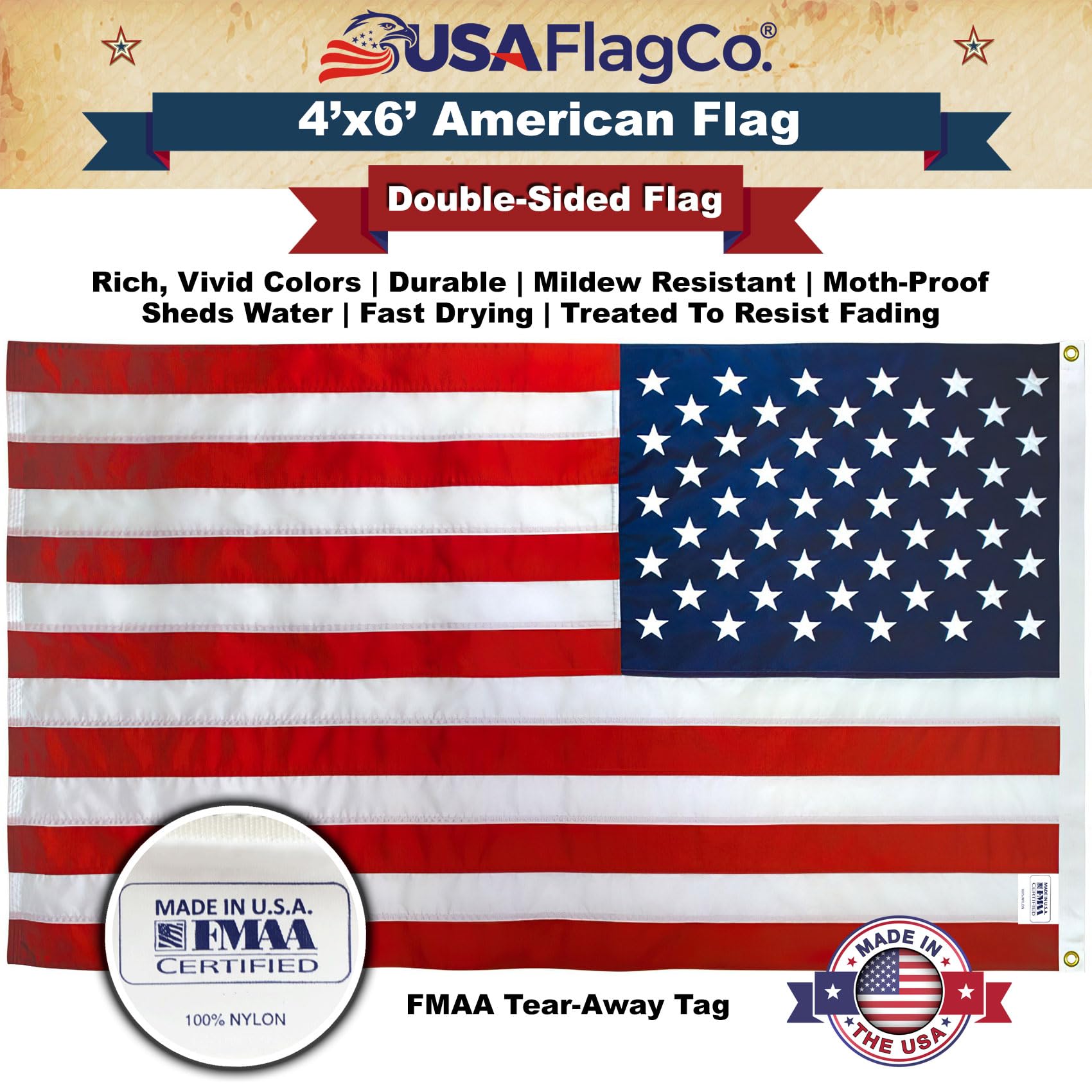 USA Flag Co. canvas heading and brass grommets for strong, rust-resistant mounting