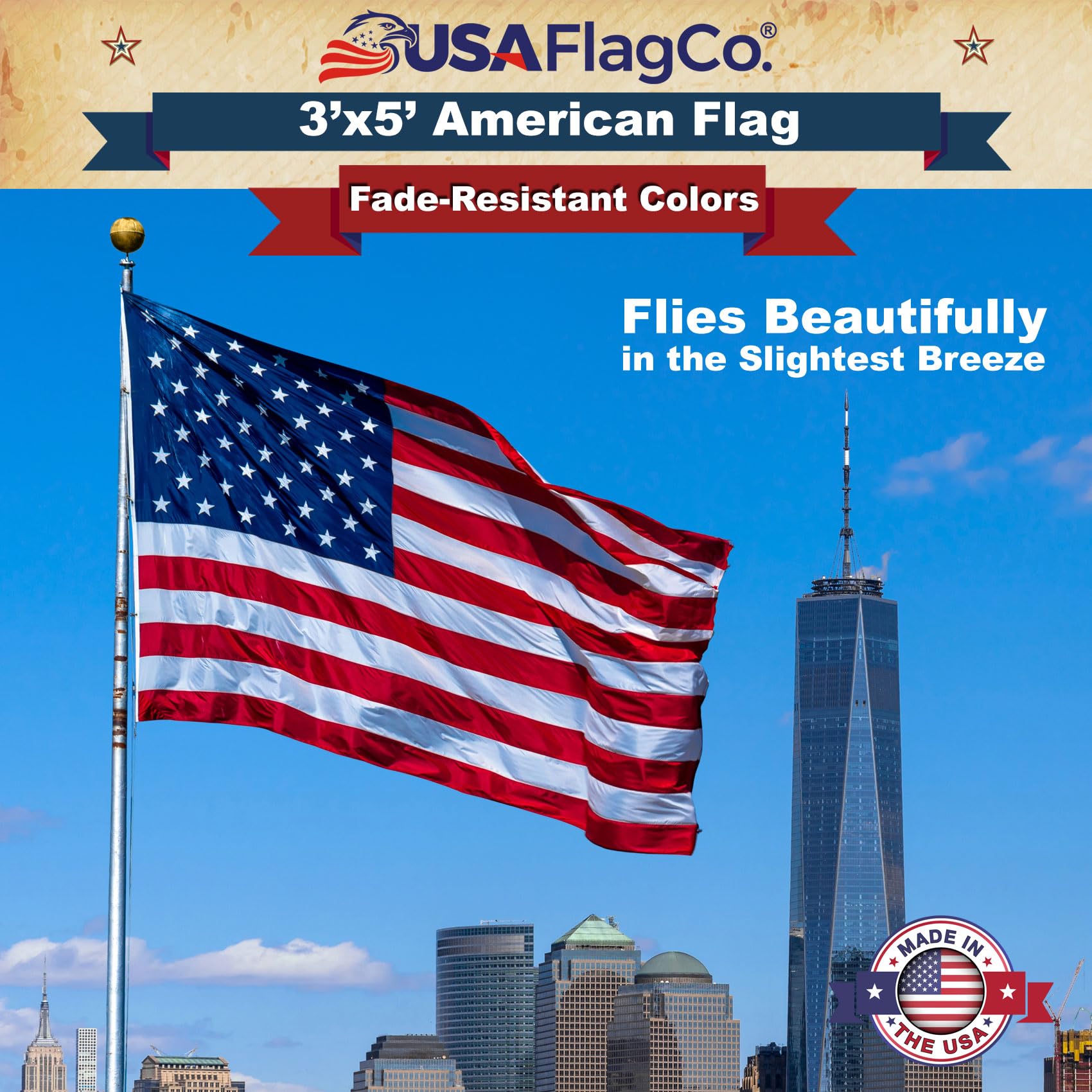 USA Flag Co. nylon fabric texture and sheen illustrating weather-resistant finish