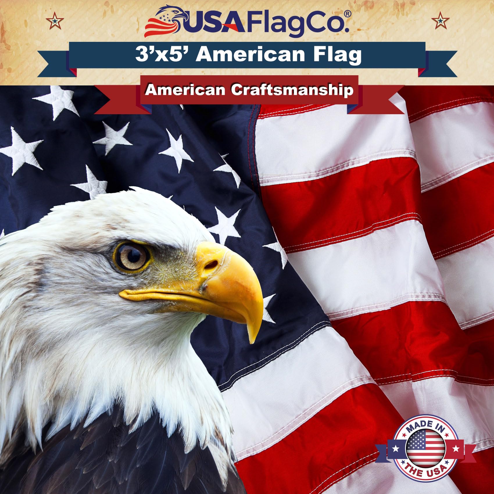 USA Flag Co. packaging label made in USA proving domestic manufacturing origin