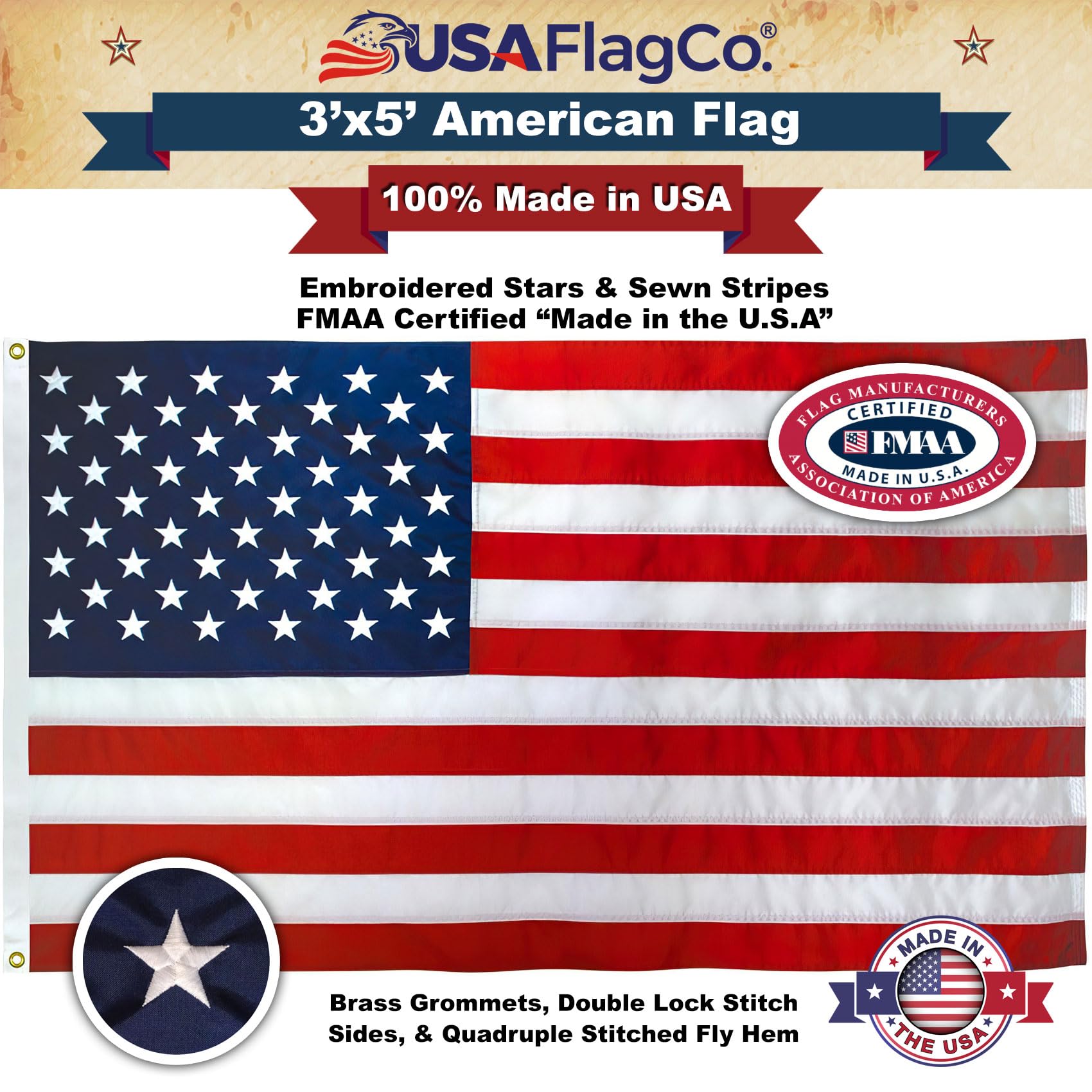 USA Flag Co. sewn stripes detail showing durable seams and reduced fraying