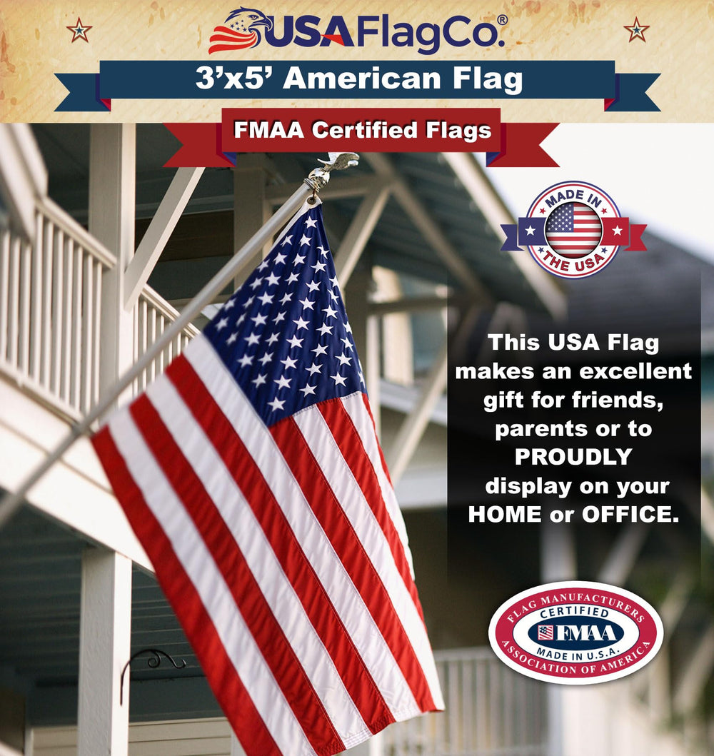 USA Flag Co. 3x5 flag beside pole for scale showing ideal yard size