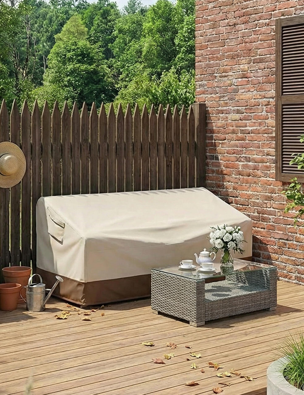 Vailge loveseat covered on patio illustrating all-weather protection