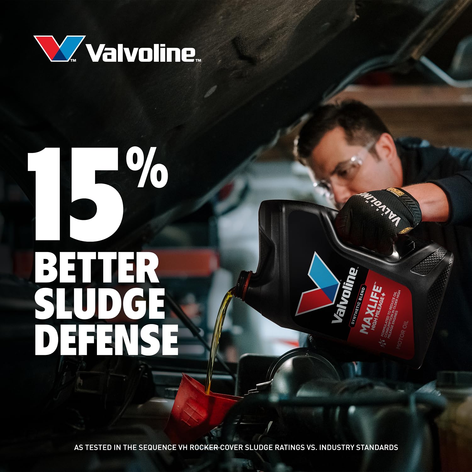 Pouring Valvoline 10W-30 into engine to show application benefit