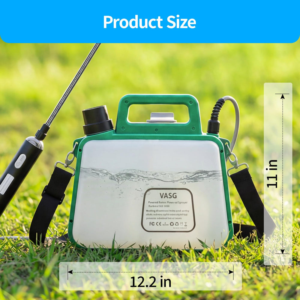 VASG sprayer beside a hand for scale showing the 2-gallon capacity and portability