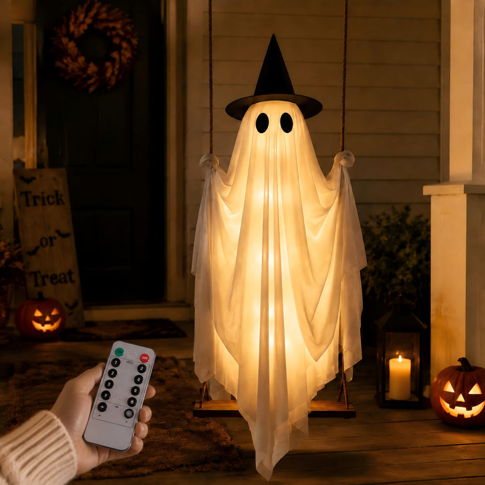 Velqya front view of 5ft swinging ghost showing full silhouette and witch hat, eye-catching décor