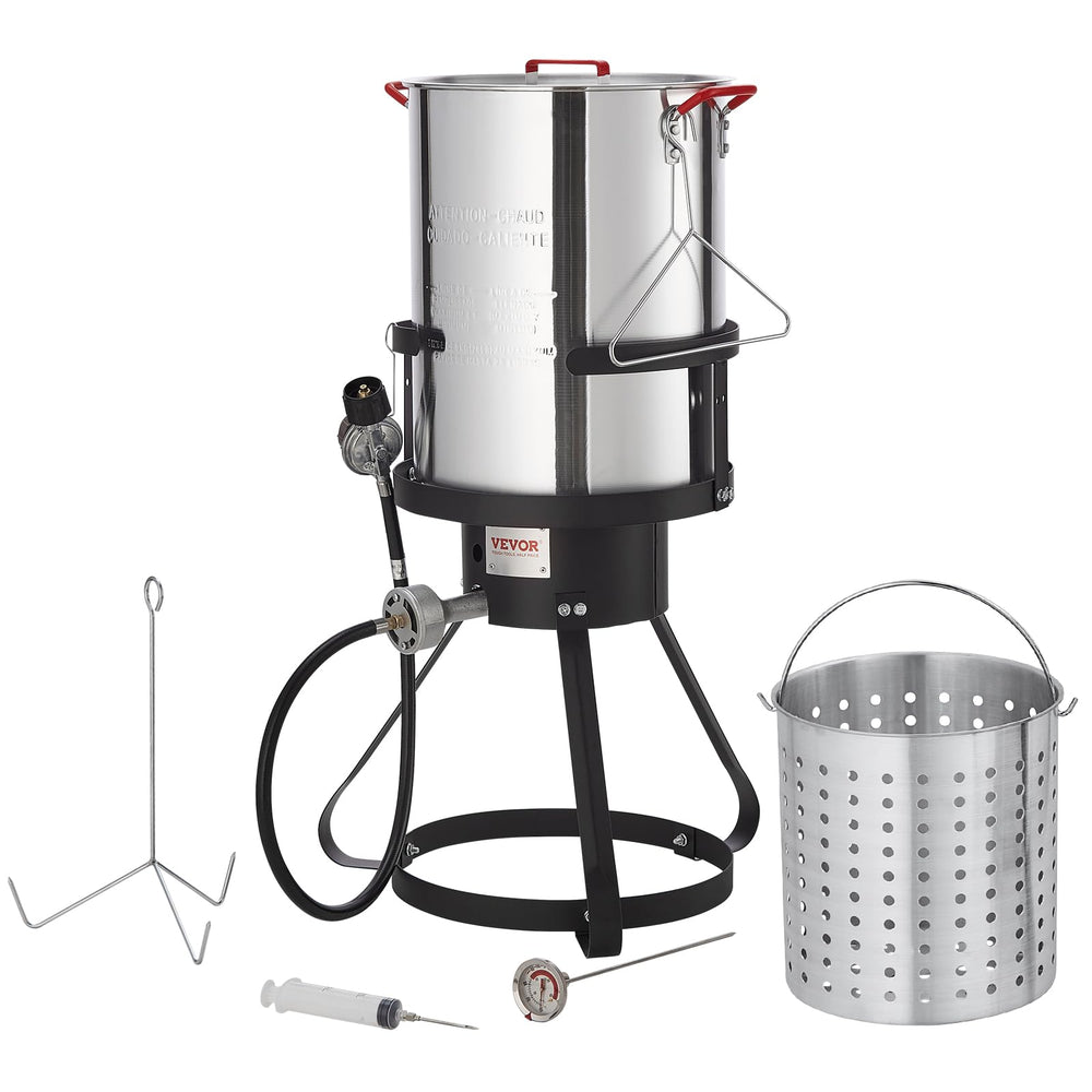 VEVOR 30-quart pot front view showing capacity and durable construction benefit