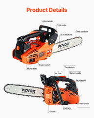 VEVOR bar and chain detail showing high-strength steel for durable cutting