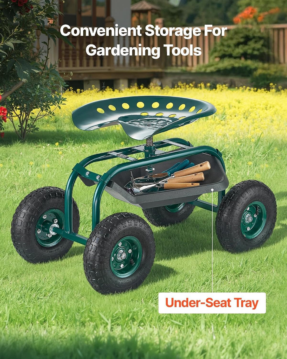VEVOR garden cart showing height adjustment mechanism, fits various planting heights