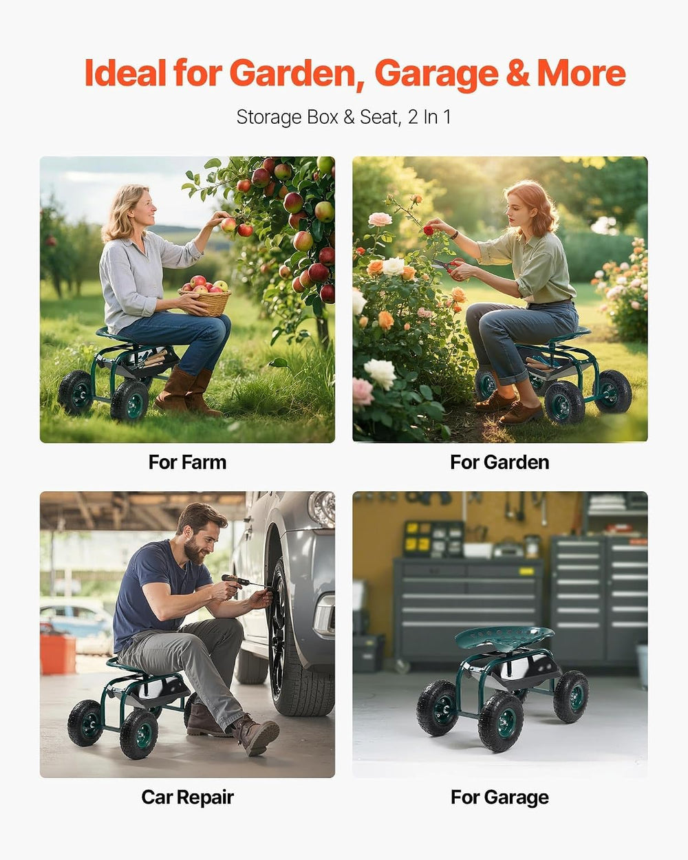 VEVOR garden cart next to person for scale, demonstrates 300 lb capacity and size
