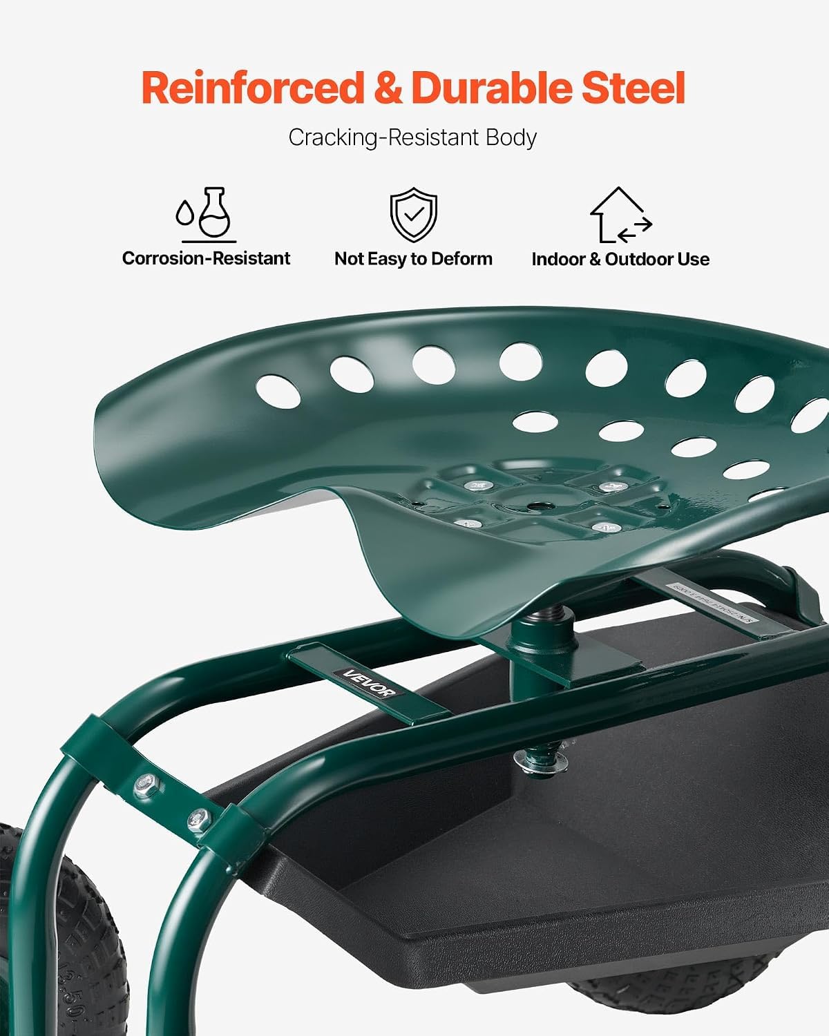 VEVOR garden cart side with swivel seat rotated, enables easier access to plants