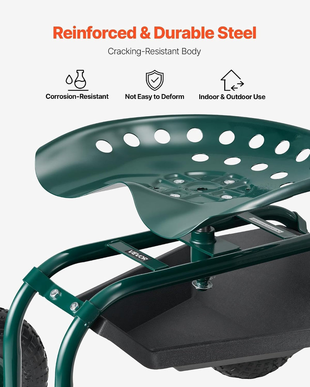 VEVOR garden cart side with swivel seat rotated, enables easier access to plants