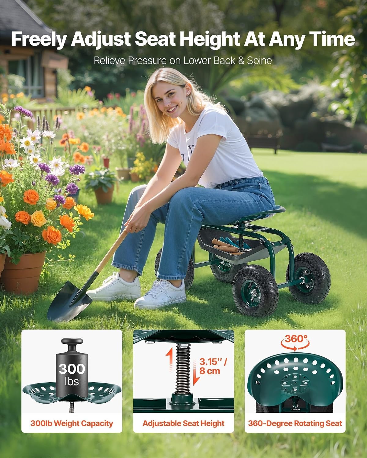 VEVOR garden cart under-seat storage tray full of tools, keeps supplies organized
