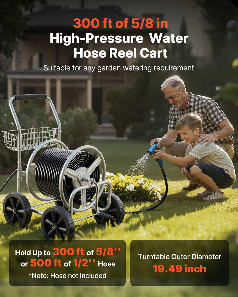 VEVOR hose reel cart drum closeup highlighting solid construction and neat storage