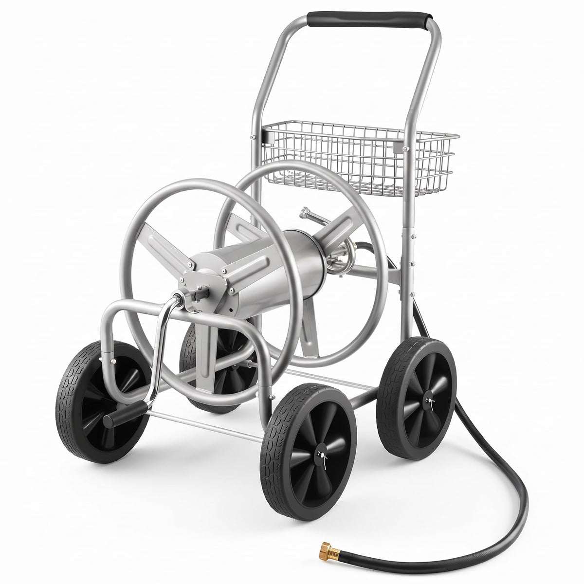 VEVOR hose reel cart front view showing sturdy frame and drum benefit durability