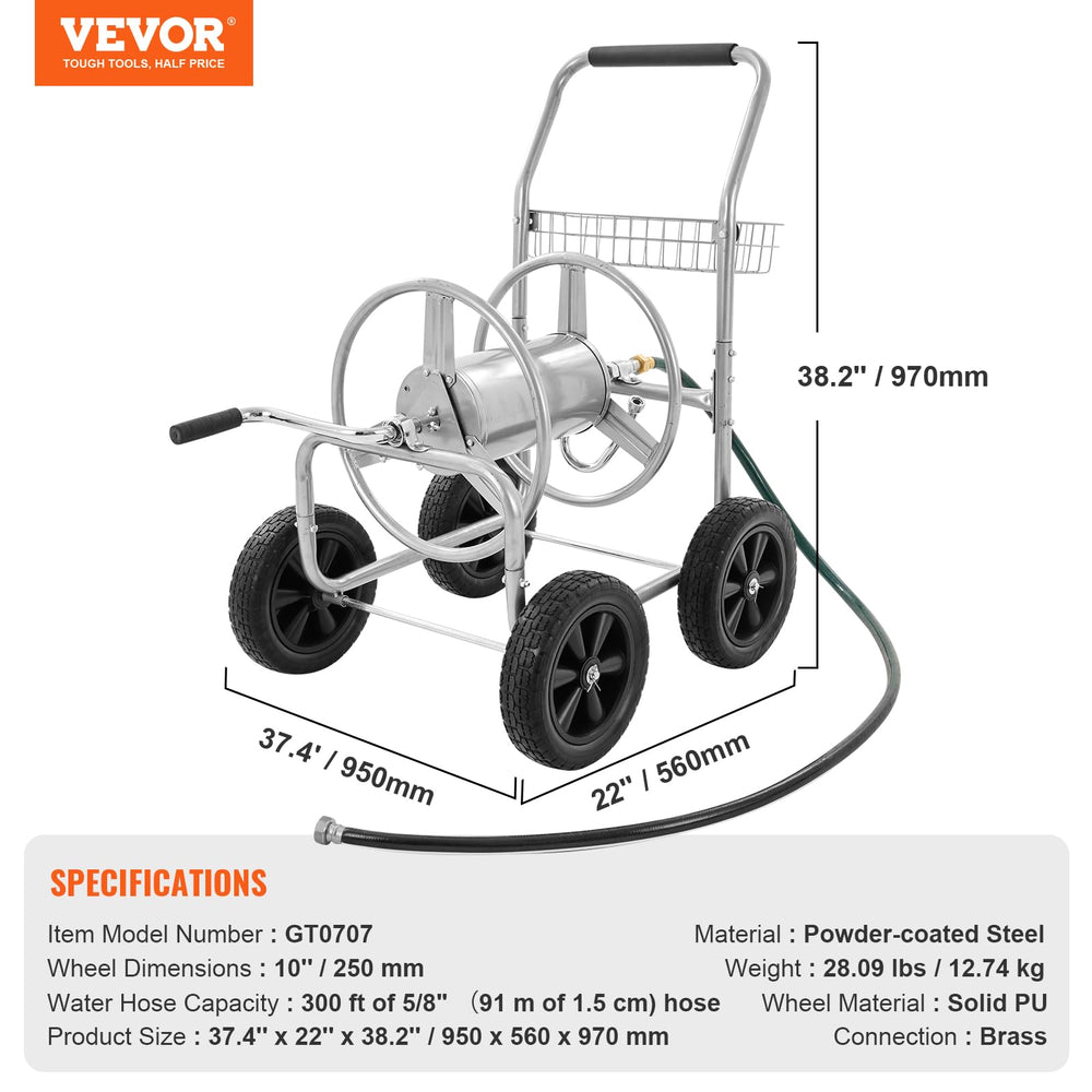 VEVOR hose reel cart handle detail with non-slip grip for easier rewinding