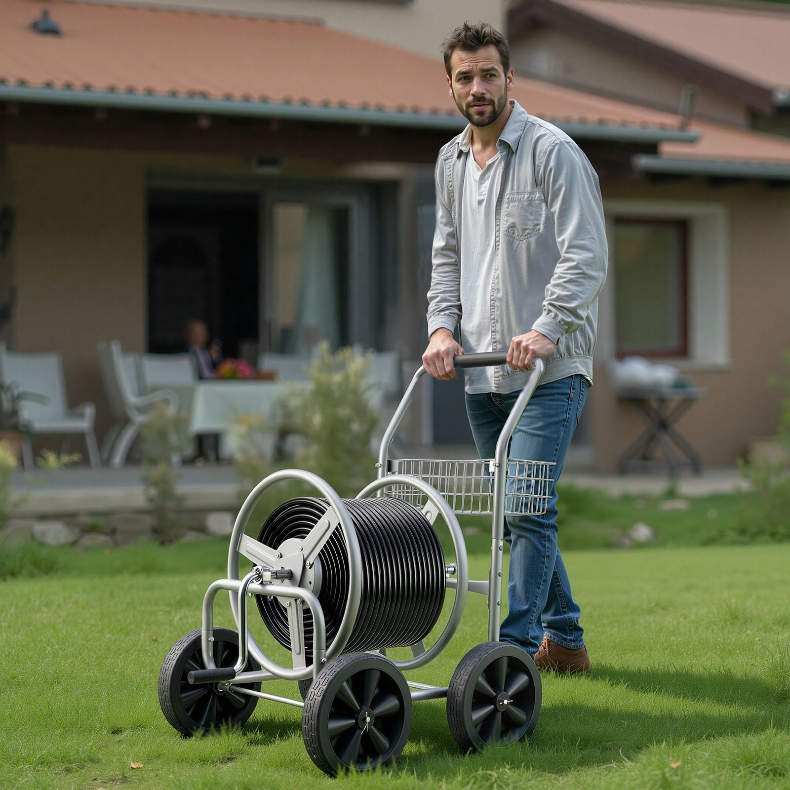 VEVOR hose reel cart packed for shed compact storage speeds retrieval