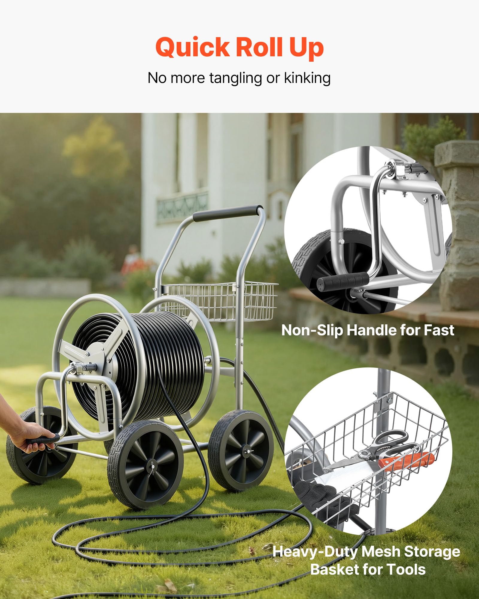 VEVOR hose reel cart wheel and axle showing large PVC wheel for smooth movement