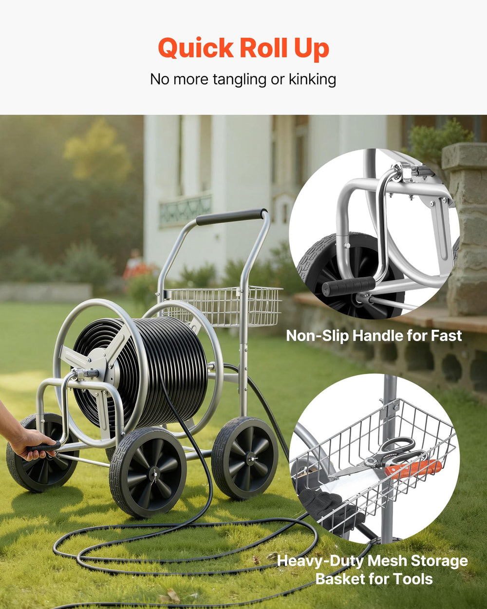 VEVOR hose reel cart wheel and axle showing large PVC wheel for smooth movement