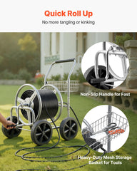 VEVOR hose reel cart wheel and axle showing large PVC wheel for smooth movement