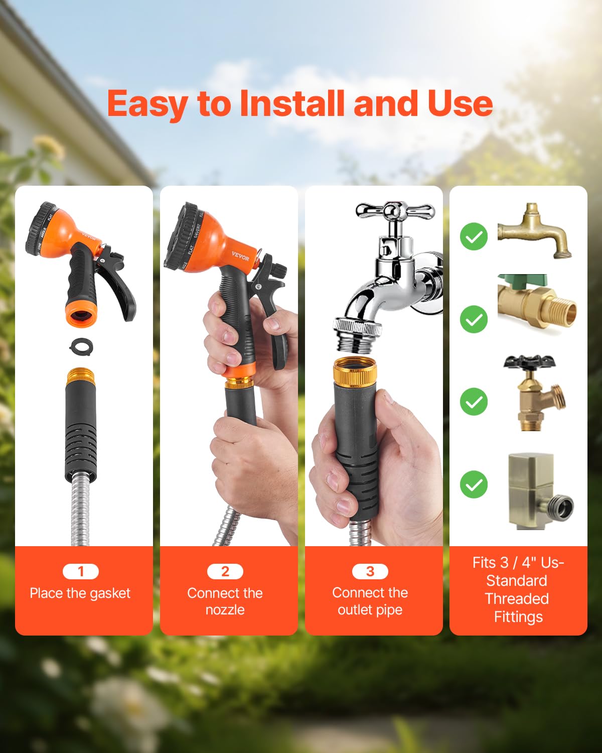VEVOR hose connected to RV spigot showing compatibility and durable hookup