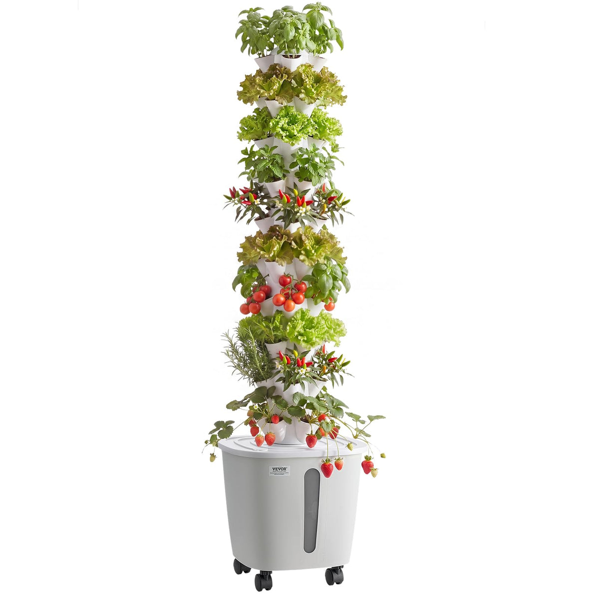 VEVOR hydroponic tower front view showing compact vertical garden and efficient use of space