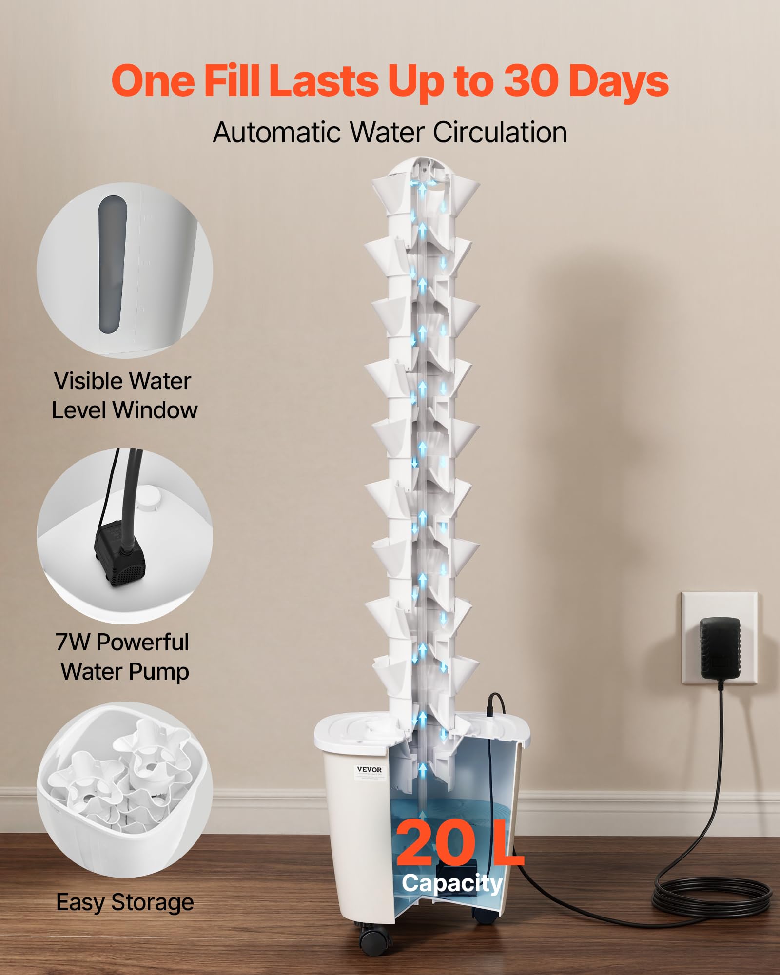 VEVOR hydroponic tower close-up of a tier highlighting construction and drip distribution