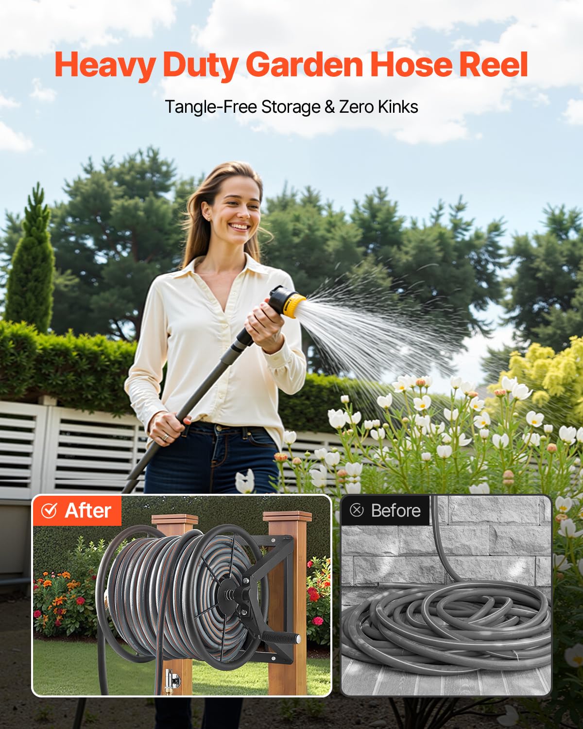 VEVOR mounted reel on brick wall showing secure, space-saving storage