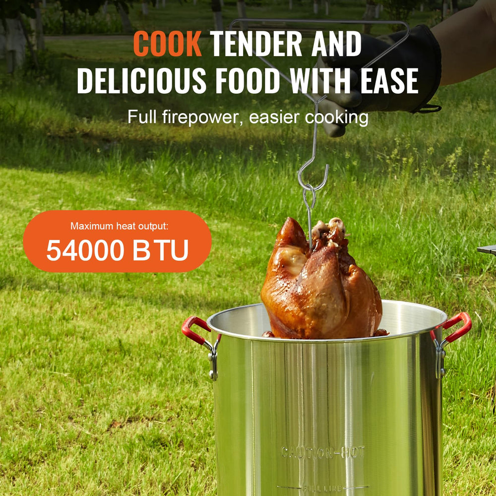 VEVOR perforated frying basket detail showing even cooking and easy draining benefit