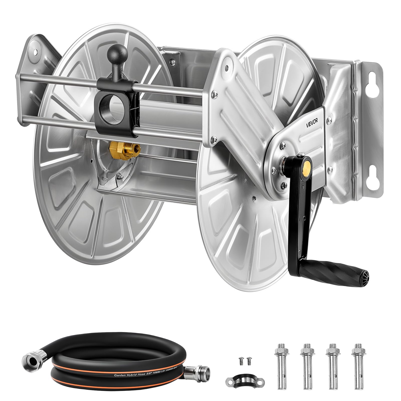 VEVOR front view of stainless steel wall mounted hose reel showing neat storage benefit