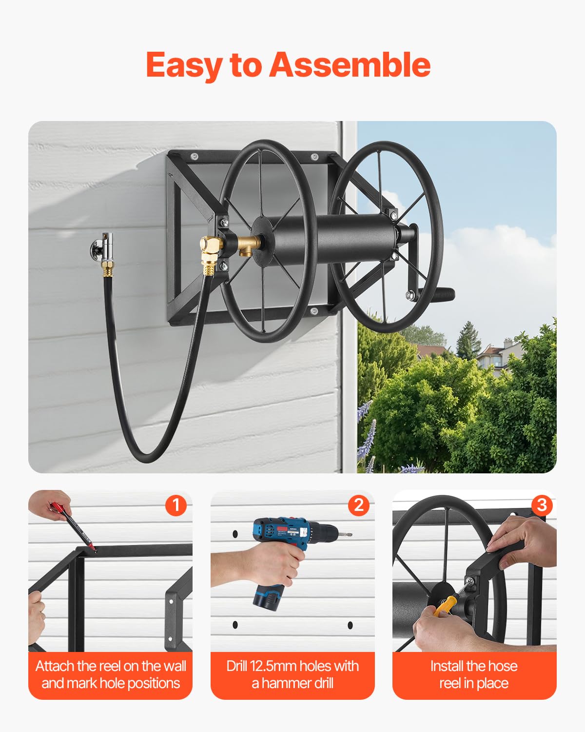 VEVOR reel in garden setting showing tidy hose organization benefit