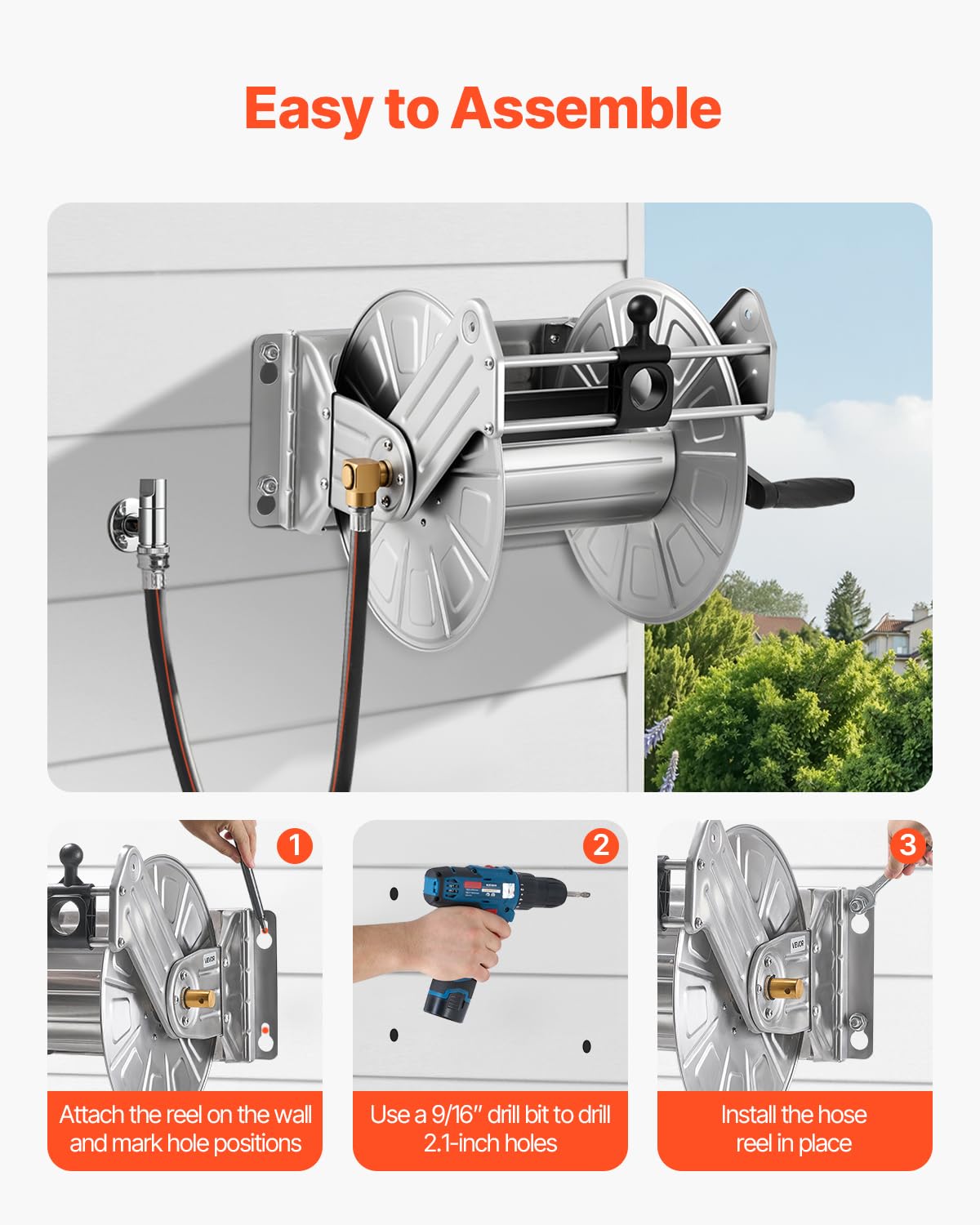 VEVOR reel in use watering garden highlighting easy access and tidy hose routing
