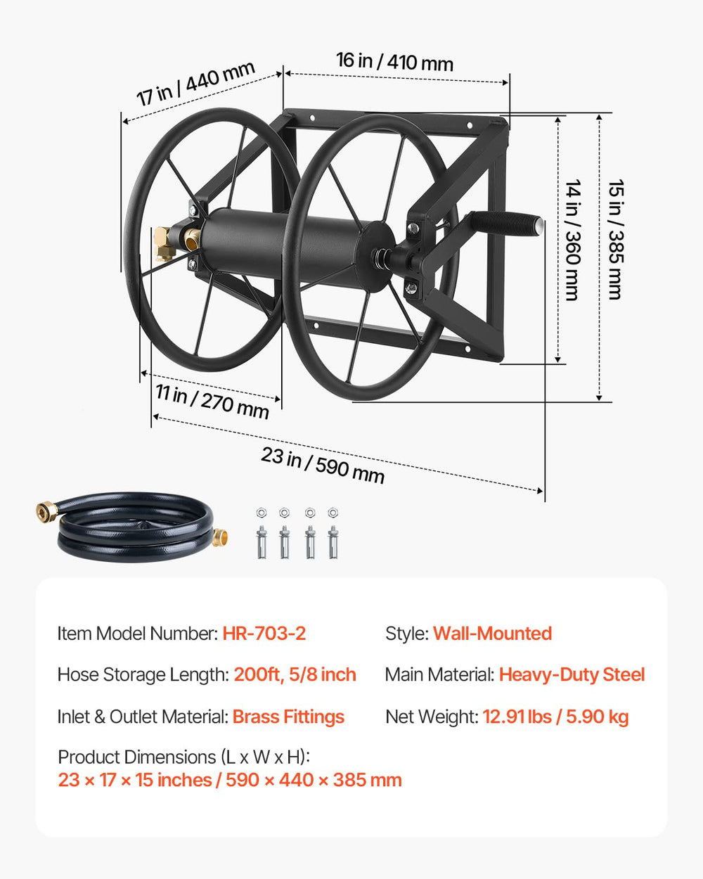 VEVOR reel next to coiled hose showing capacity and scale advantage