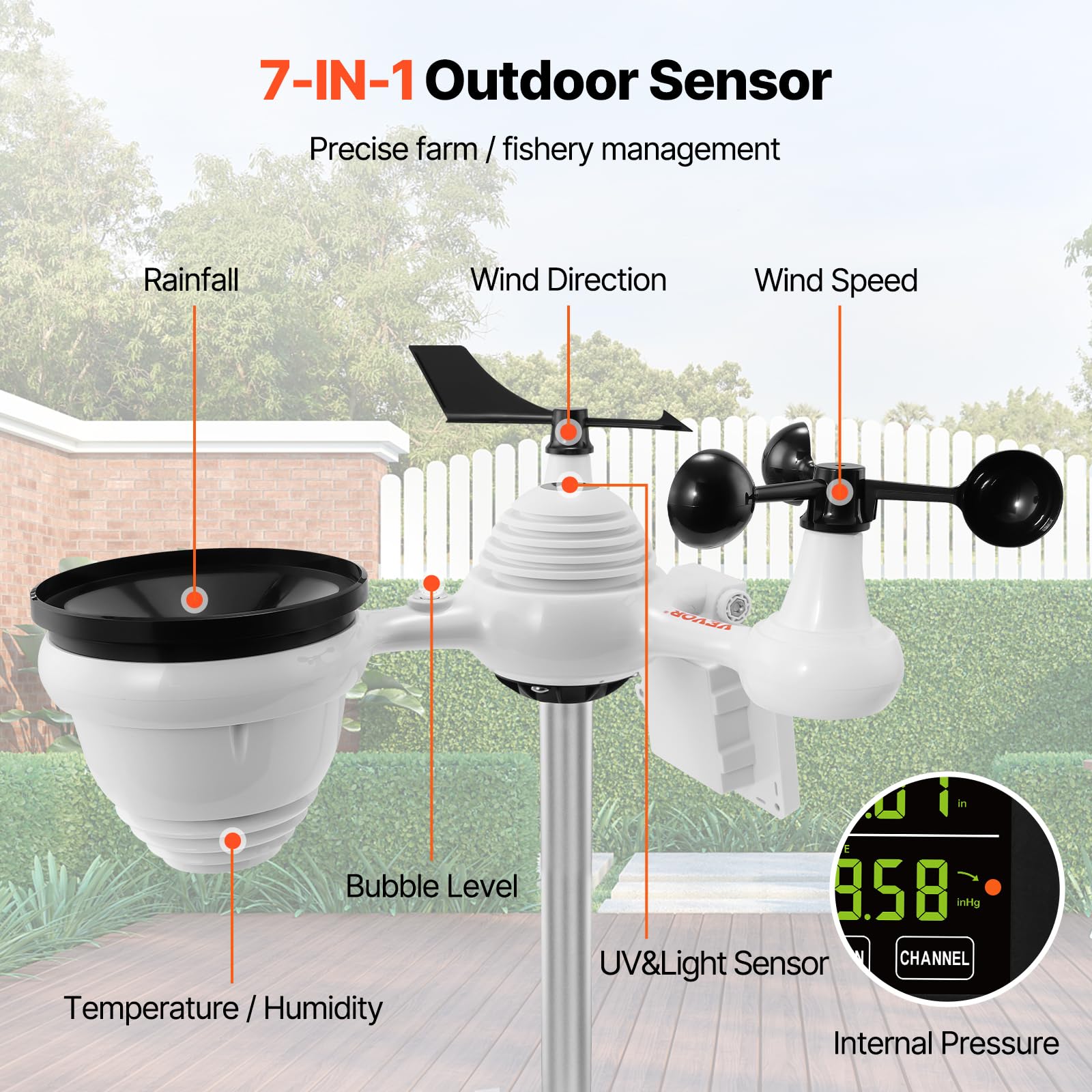VEVOR anemometer close-up capturing wind cups and direction vane for accurate wind data