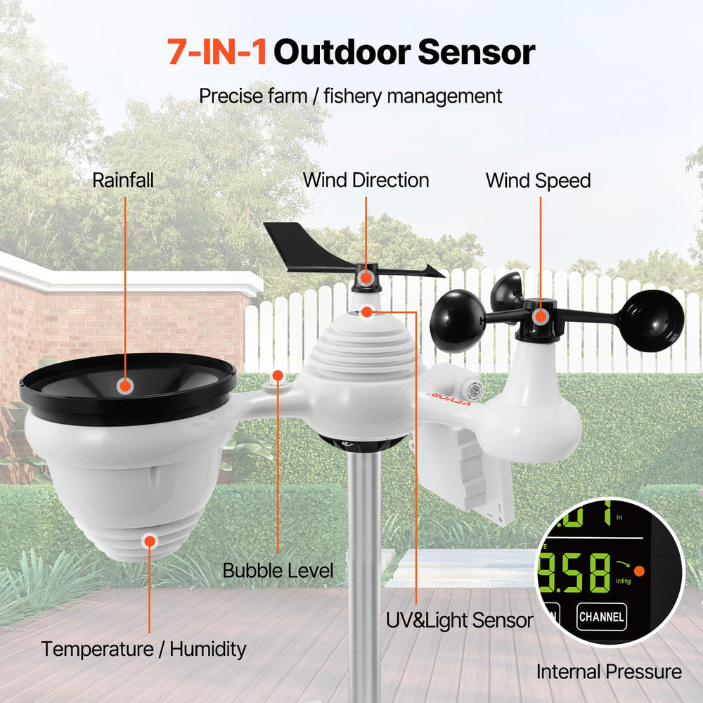 VEVOR anemometer close-up capturing wind cups and direction vane for accurate wind data