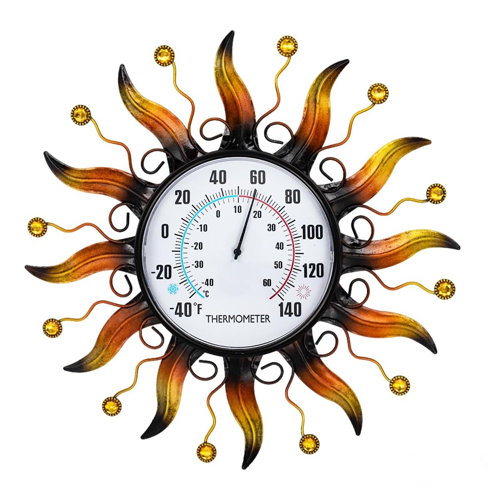 VEWOGARDEN sun thermometer front view showing readable dial and sunburst art