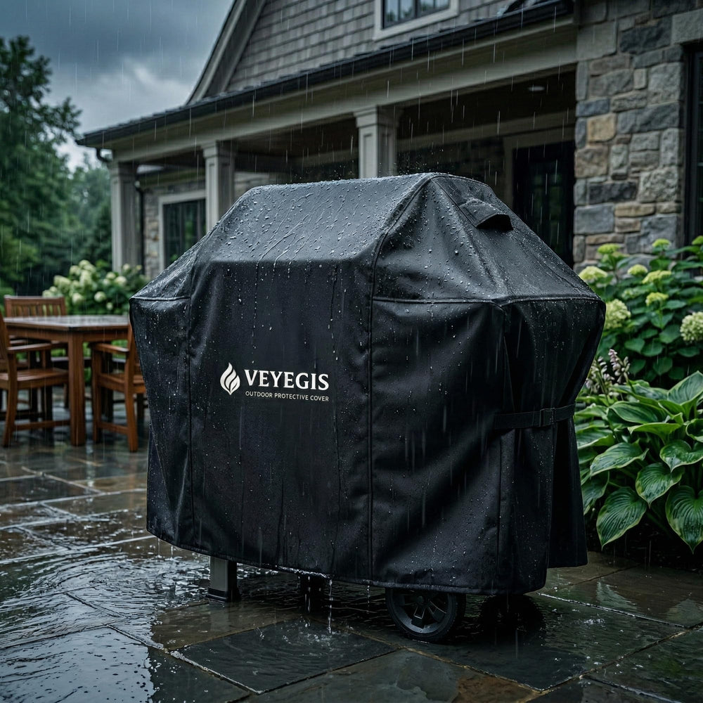 VEYEGIS lifestyle patio shot showing covered Weber shielded from elements
