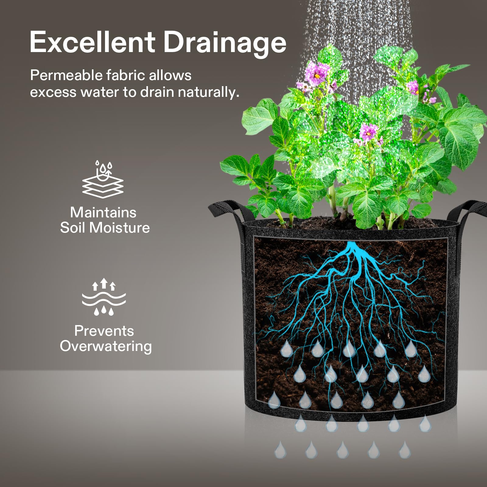 VIVOSUN side view showing fabric drainage and soil aeration benefit