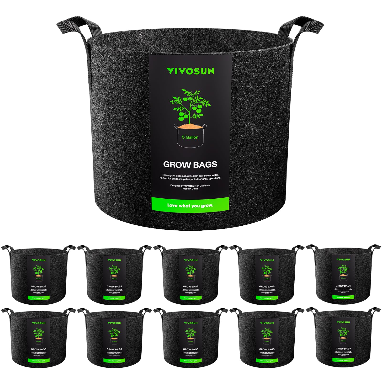 VIVOSUN front view of 10-pack grow bags showing quantity and durable fabric benefit