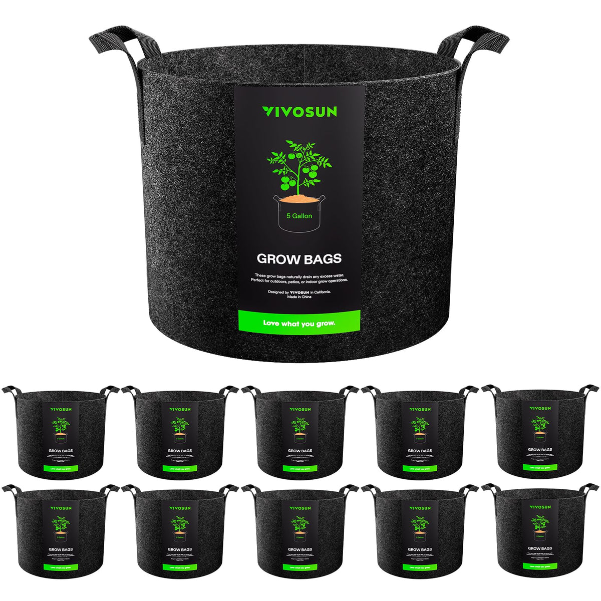 VIVOSUN front view of 10-pack grow bags showing quantity and durable fabric benefit
