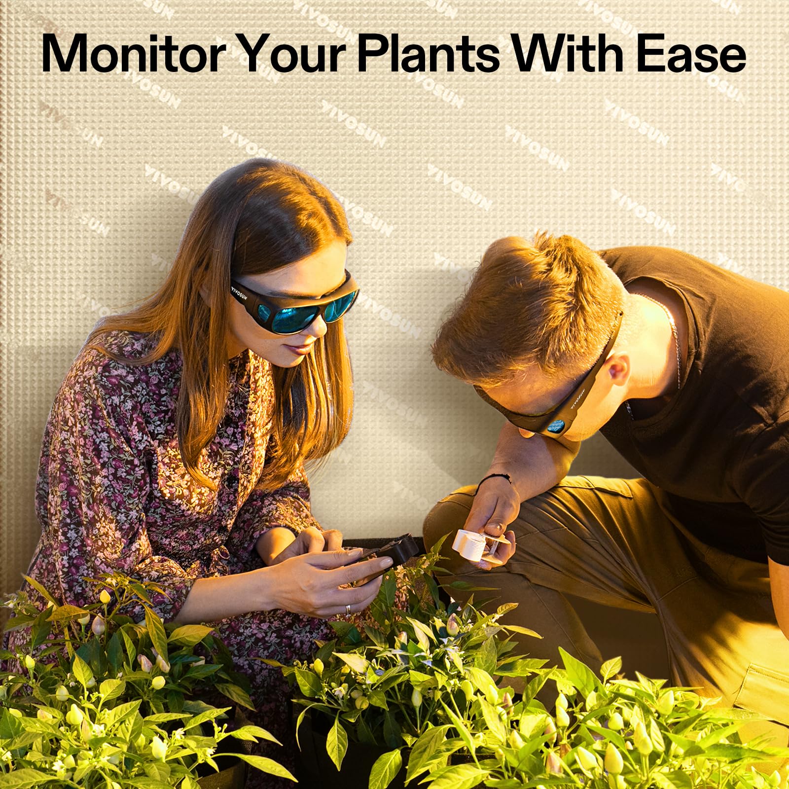 VIVOSUN lifestyle shot of gardener wearing goggles showing safer, clearer plant checks benefit