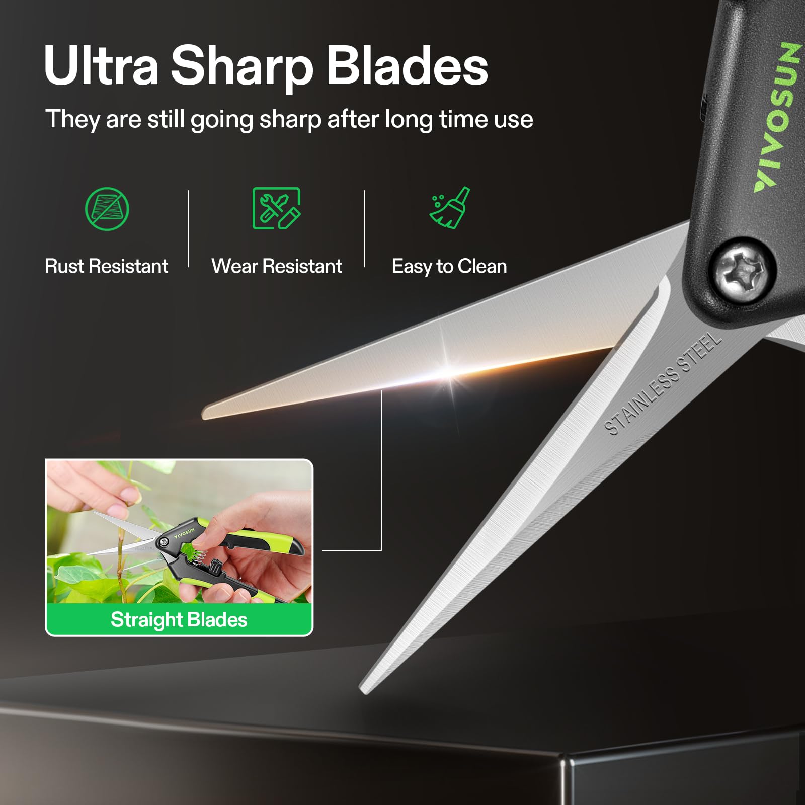VIVOSUN scissors next to hand to show 6.5-inch scale and easy handling